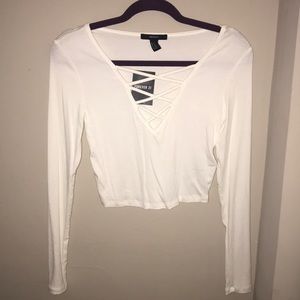 White crisscross long sleeve crop top